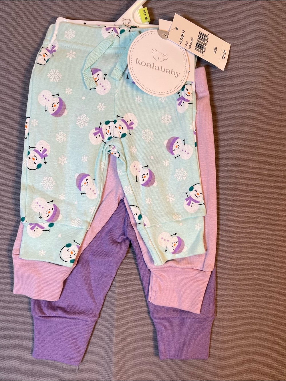 Koala Baby Baby Girl 0-3 Month Mint Snowman, Pink & Purple Baby 3 Pants Set NWT